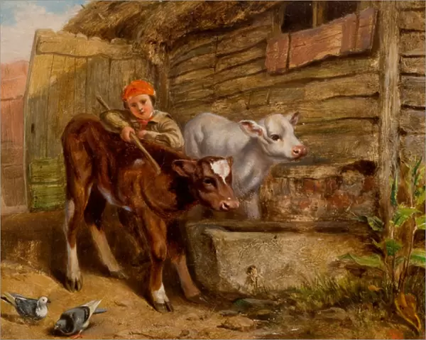Boy with Calves and Trough (oil on panel)