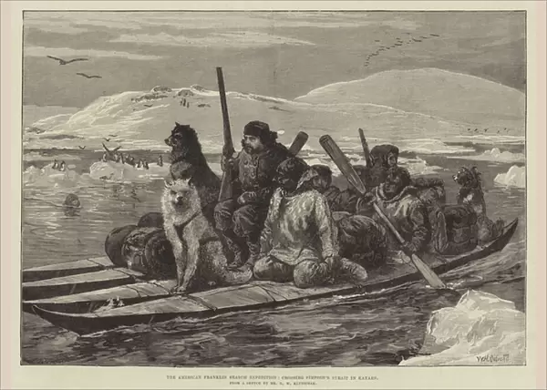 The American Franklin Search Expedition, crossing Simpsons Strait in Kayaks (engraving)