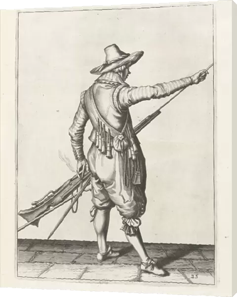 Musketeer removing ramrod, c. 1600 (engraving)