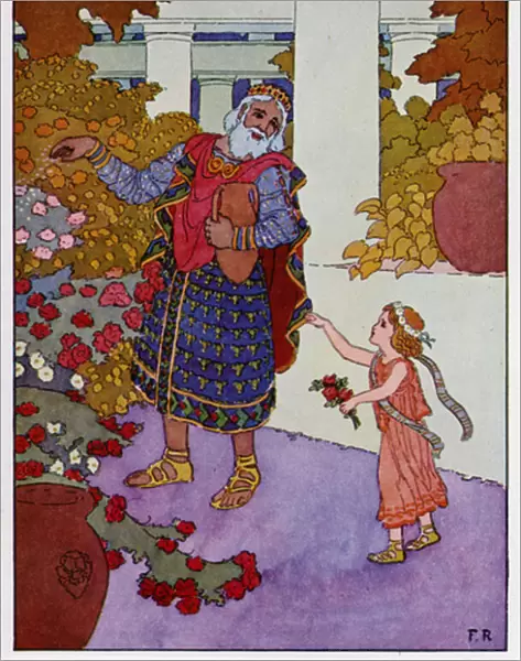 King Midas sprinkled all the remainder of the water over the rosebushes (colour litho)