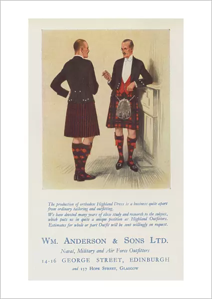 Advertisement for traditional Highland dress from William Anderson & Sons Ltd, Edinburgh and Glasgow, 1926 (colour litho)
