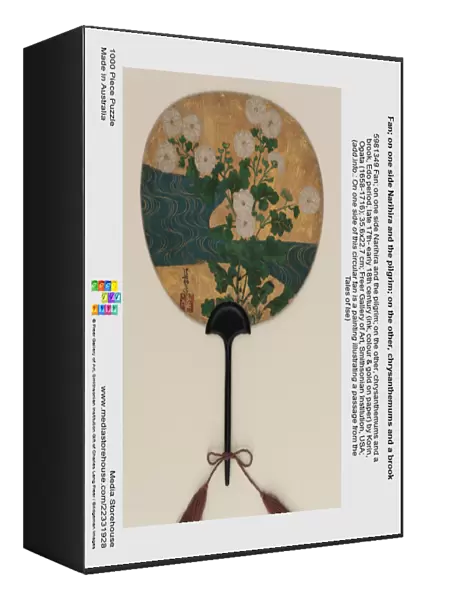 Fan; on one side Narihira and the pilgrim; on the other, chrysanthemums and a brook