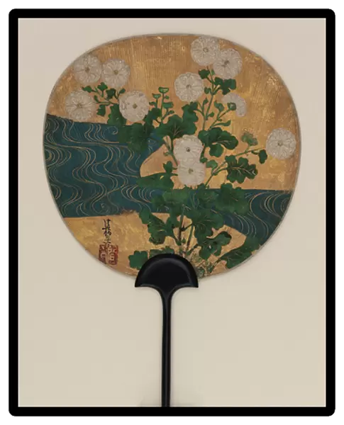 Fan; on one side Narihira and the pilgrim; on the other, chrysanthemums and a brook