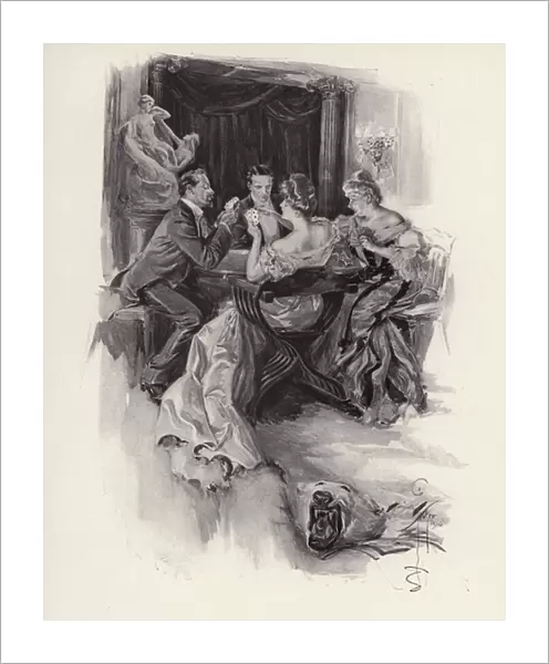 Two couples playing cards at an evening party (litho)