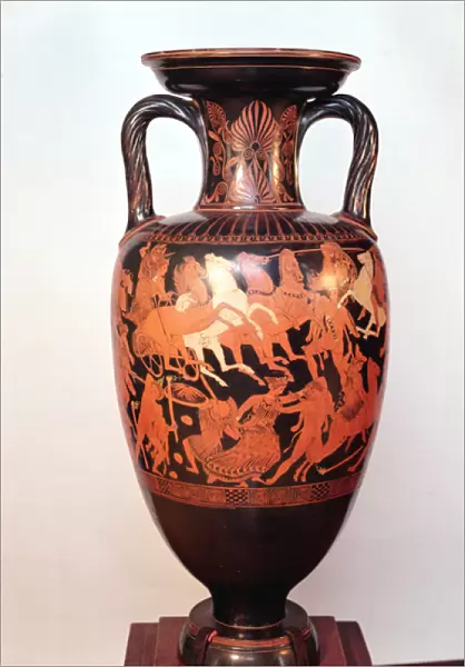 Attic red figure amphora depicting Ares and Aphrodite in a chariot fighting the giants