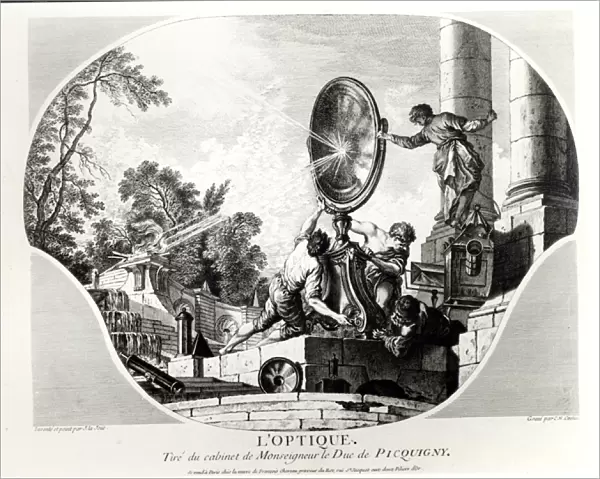 Burning mirror, allegory of Optics, engraved by Charles Nicolas Cochin (1715-90