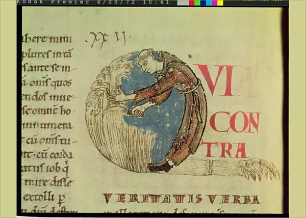 Ms 170 fol. 75v Historiated initial Q depicting a Cistercian monk harvesting in
