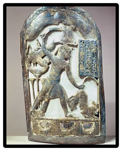 Votive shield depicting the king slaying a lion, from the tomb of Tutankhamun (c