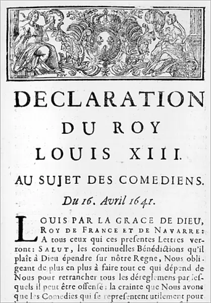 Statement of Louis XIII (1601-43) on the comedians, 16th April 1641 (engraving