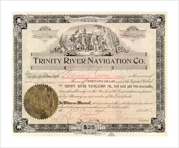 Stock Share for Trinity River Navigation Co. 1895 (litho)