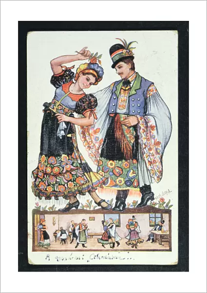 Postcard depicting a Hungarian couple dancing a traditional dance, 1943 (colour litho)