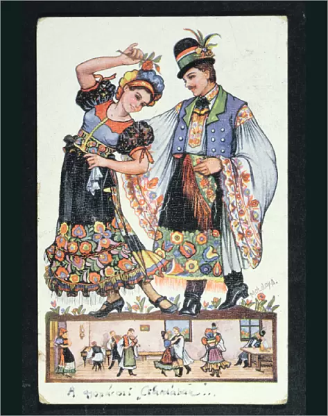 Postcard depicting a Hungarian couple dancing a traditional dance, 1943 (colour litho)