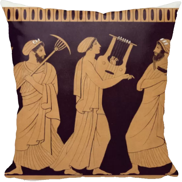 Ancient Greek theatre scene, after an antique vase (colour engraving)