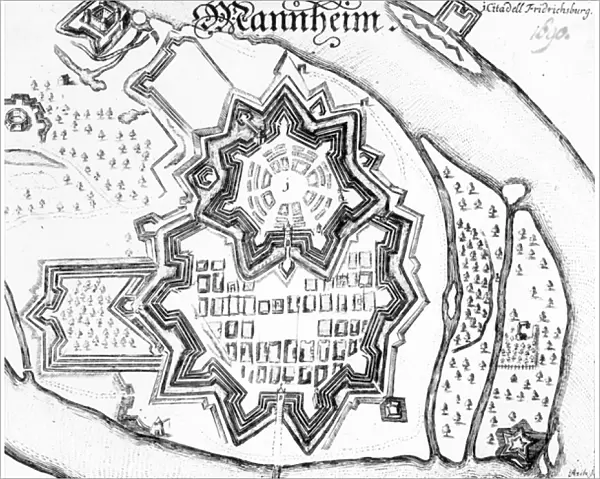 Plan of Mannheim, Germany 1690 (pen & ink on paper) (b  /  w photo)