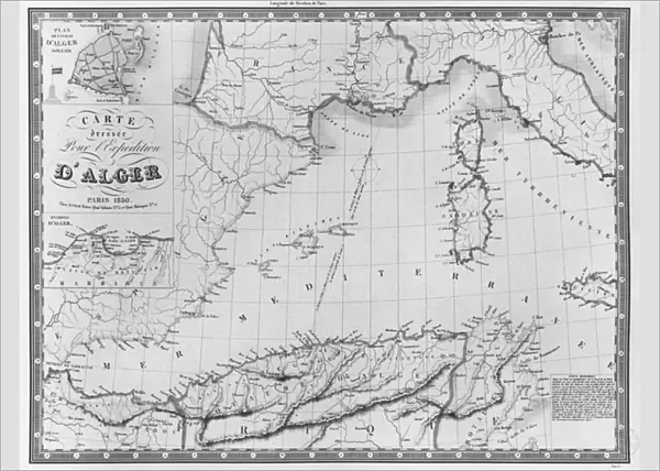 Map drawn up for the Algiers expedition, 1830 (litho) (b  /  w photo)