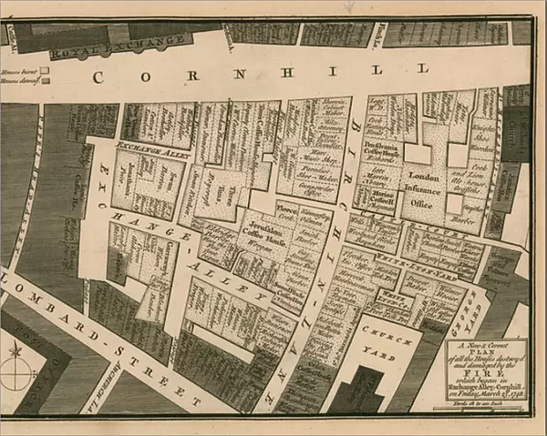 A plan of houses destroyed in the fire which began in Exchange alley, Cornhill, London, on 25 March 1748 (engraving)