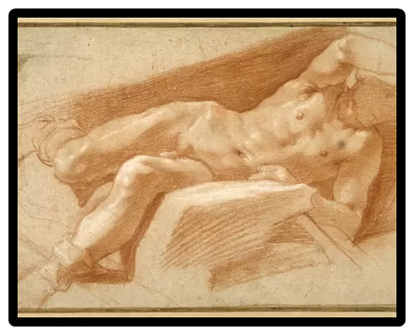 Recumbent youth posed nude, except for his hose pulled down to his ankles