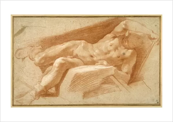 Recumbent youth posed nude, except for his hose pulled down to his ankles