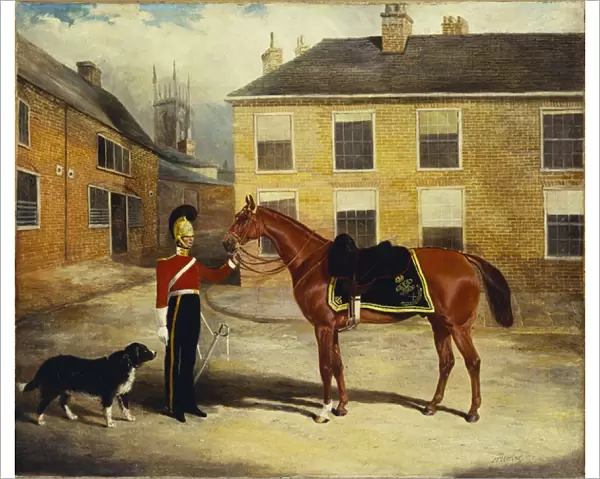 An Officer of the Dragoon Guards, Caribineers with his Mount in the Barrack