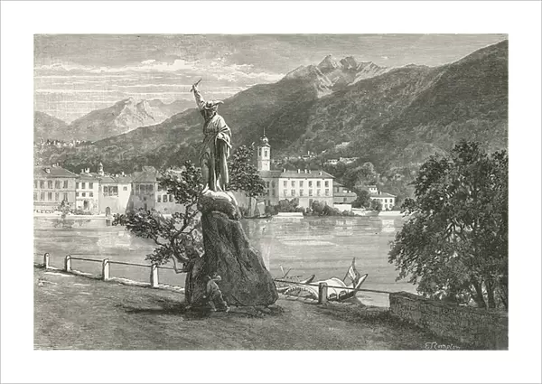 Lugano, with the Statue of Tell by Vela (engraving)