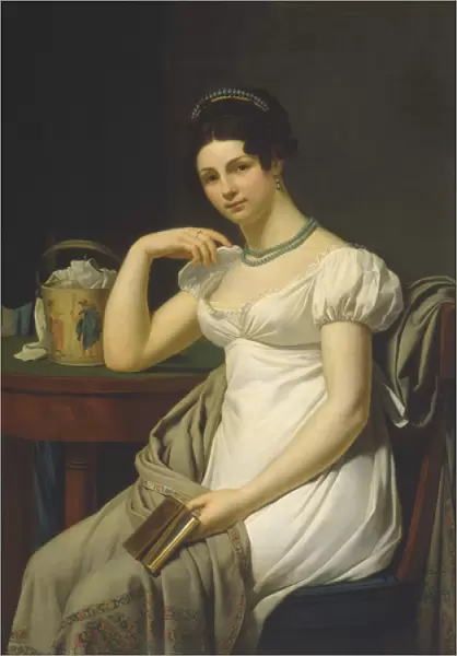 Portrait of a woman in an interior with a work basket (oil on canvas)
