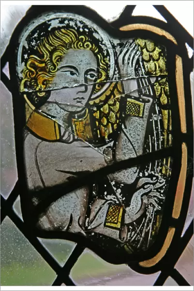 Window in th Cloisters depicting a musician angel with a harp (stained glass)