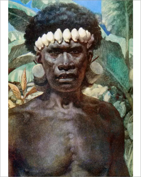 Portrait of a Solomon Island cannibal. 1908 (colour litho)