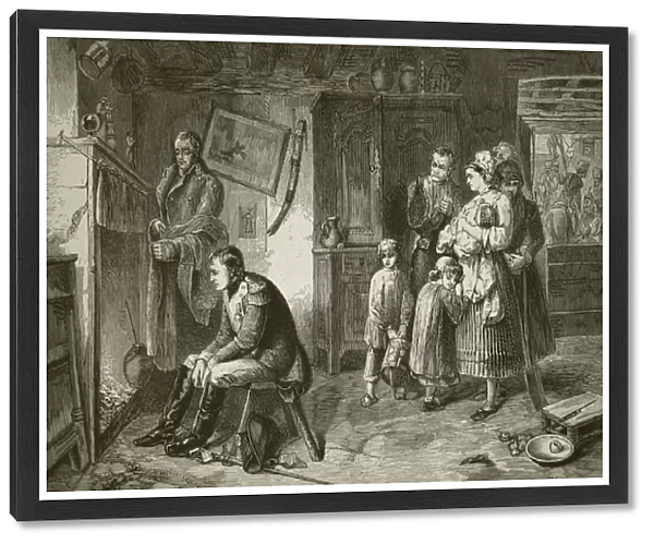 Napoleon seeks rest in a roadside cottage after his defeat at Waterloo, engraved by J. D
