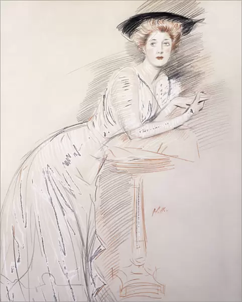Portrait of Miss Taylor Leaning on a Table, (black, red and white chalks on paper)