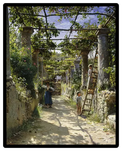 In the Shadow of an Italian Pergola, A Warm Afternoon in Anacapri, 1884 (oil on canvas)