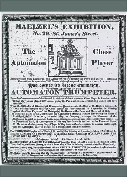 Advert for Maelzels Exhibition, 29 St Jamess Street (engraving)