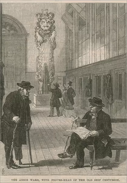 A visit to Greenwich Hospital; The Anson Ward, with figurehead of the old ship Centurion (engraving)