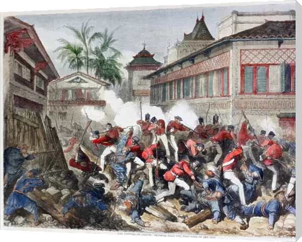 The capture of Canton: Skirmish near the west gate of the city (coloured engraving)
