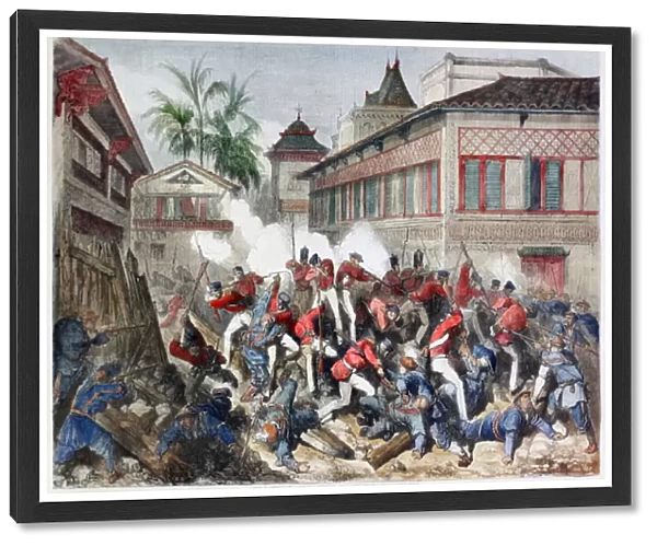 The capture of Canton: Skirmish near the west gate of the city (coloured engraving)