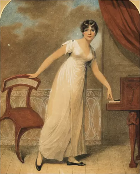 Portrait of a Lady, standing full length in a White Dress by a Piano