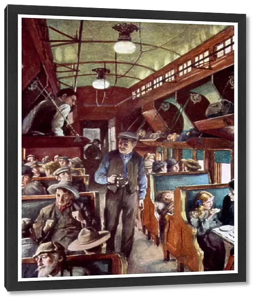 Immigrants travelling through Canada in a colonist car of the CPR (colour litho)