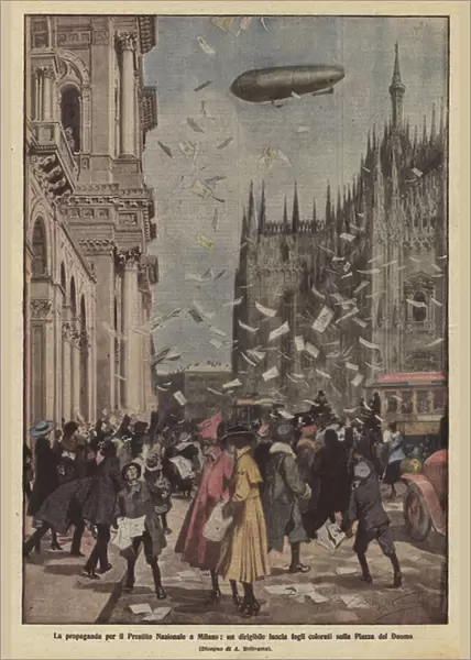 Propaganda for the National Loan in Milan, an airship launches colored sheets on the Piazza del Duomo (colour litho)