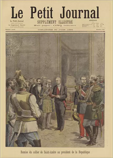 President Faure of France receiving the Order of St Andrew from the Russian ambassador (colour litho)