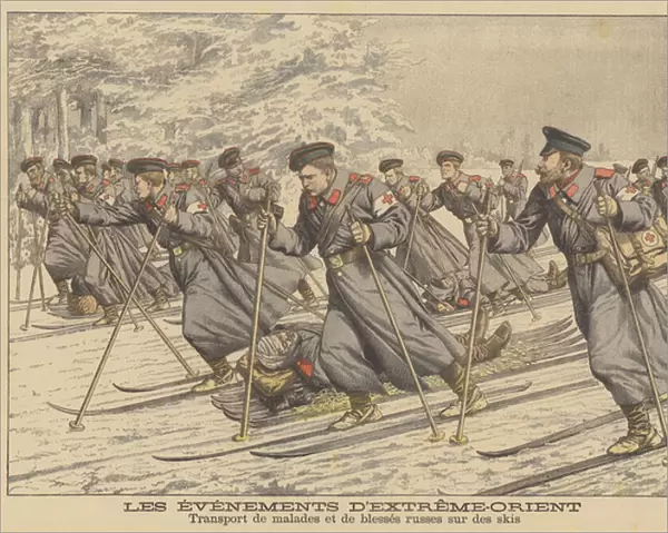 Sick and wounded Russian soldiers being transported using skis (colour litho)