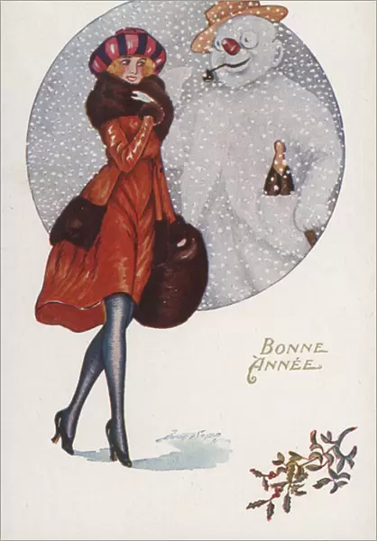 New Years card with a girl and a snowman (colour litho)
