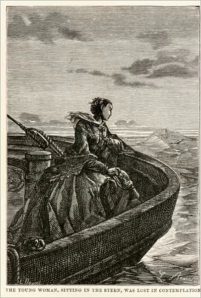 The young woman, sitting in the stern, was lost in contemplation