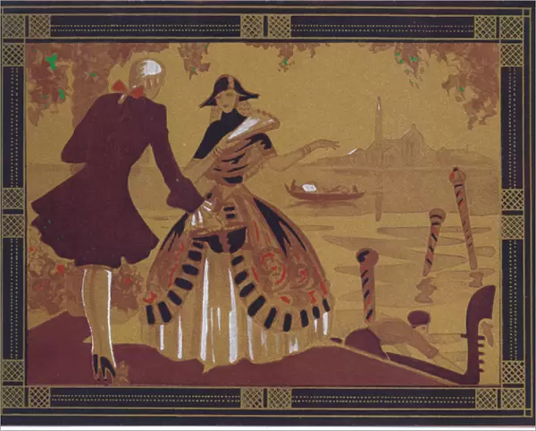 A hand-coloured French Pochoir greeting card of a venetian scene, circa 1920 (stencil)