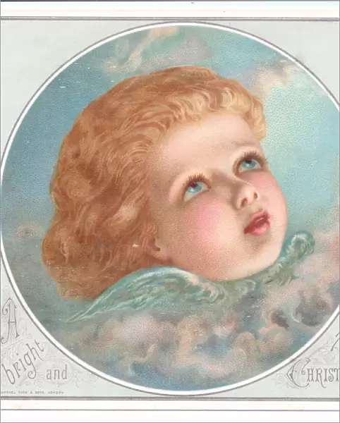 Victorian Christmas with the face of an angel looking skywards, c. 1880 (colour litho)