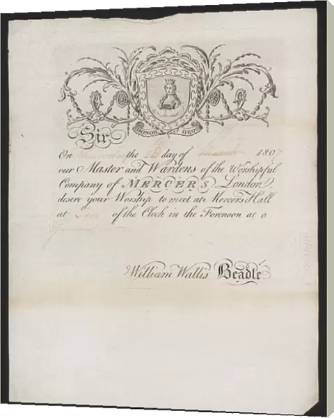 Invitation to a meeting of the Worshipful Company of Mercers at Marcers Hall, City of London, 1807 (litho)