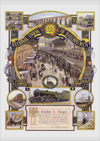 Certificate of appreciation awarded to Mr R Draper, Chairman of the Edwinstowe branch of the National Union of Railwaymen (colour litho)