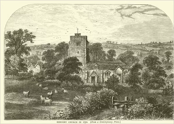 Hornsey Church in 1750, from a contemporary print (engraving)