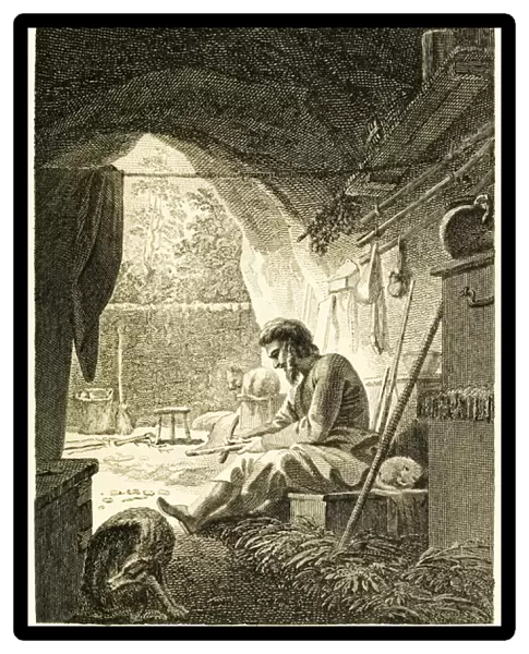Robinson Crusoe at work in his cave from '