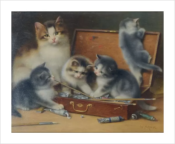 Mother Cat and her Kittens playing in a Paint Box (oil on panel)