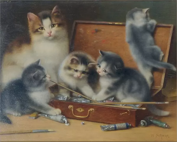 Mother Cat and her Kittens playing in a Paint Box (oil on panel)