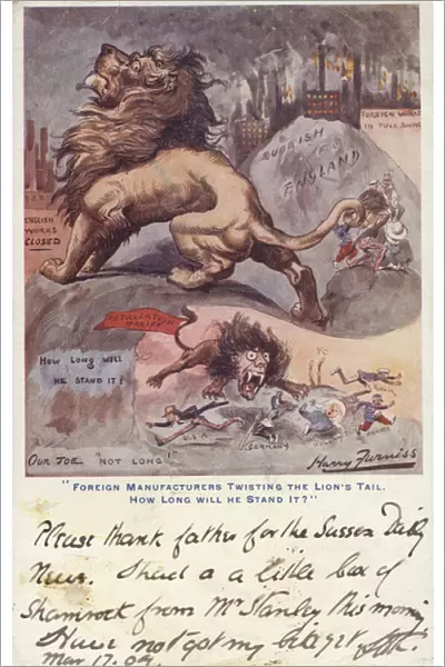 'Foreign Manufacturers Twisting the Lions Tail. How Long Will He Stand It?'(colour litho)